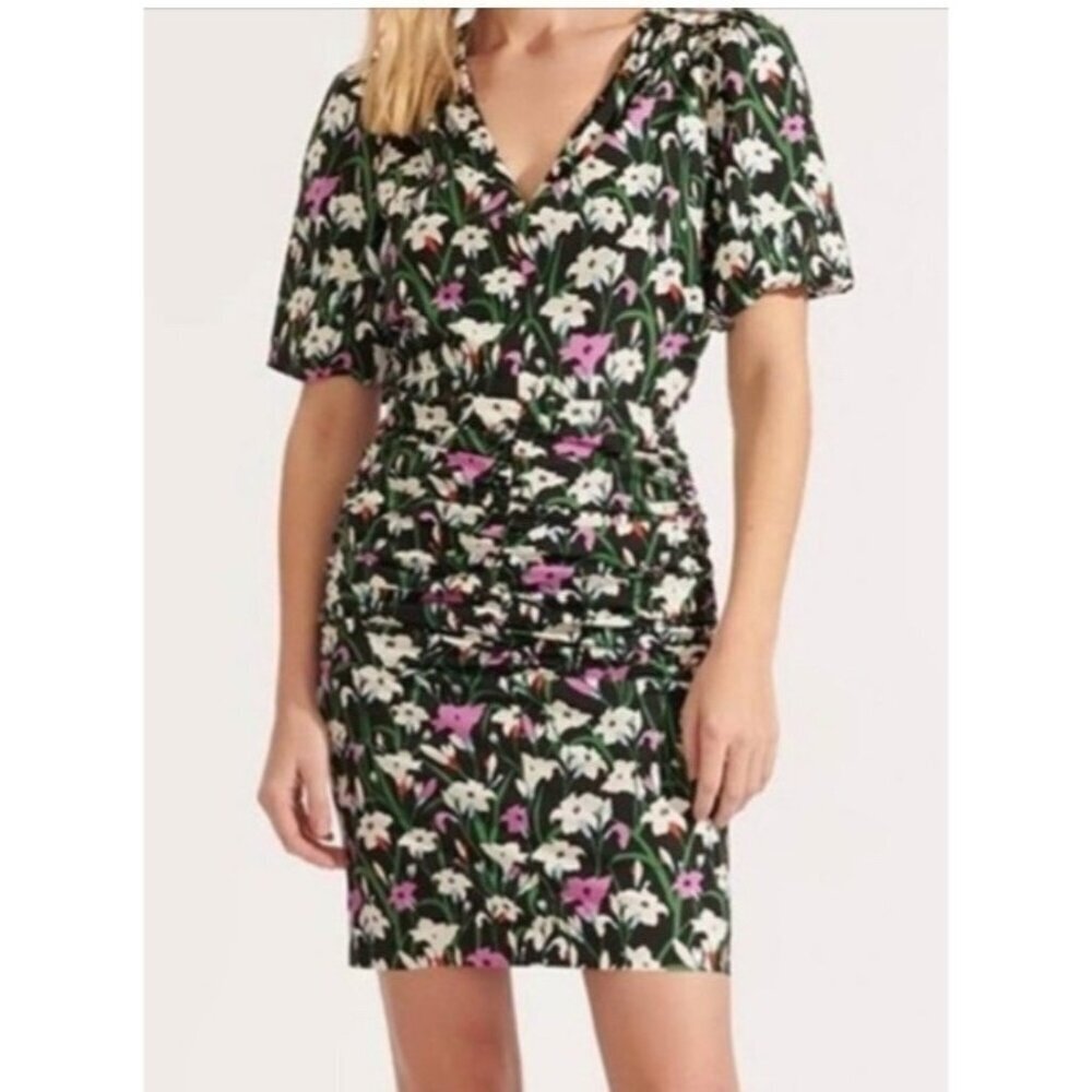 Veronica Beard Janis Ruched Floral Print Mini Dress Puff‎ Sleeves Size 8